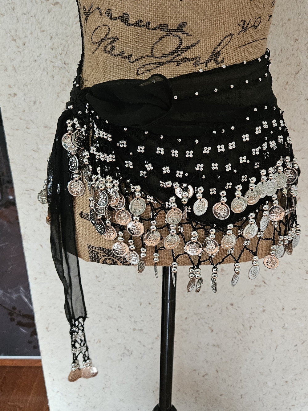 Black Coin-Trim Belly Dance Hip Scarf - Women Skirt Accent